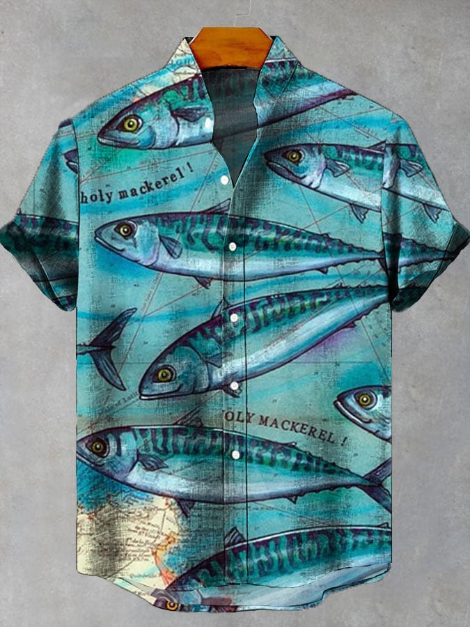 Men's Retro Fish Print Casual Short Sleeve Shirt