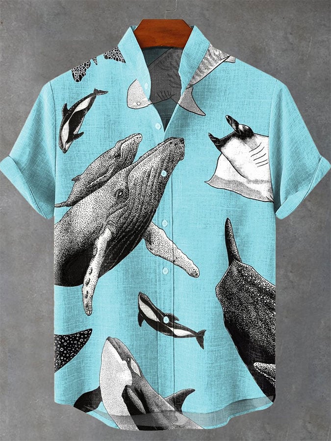 Men's Retro Whale Print Casual Short Sleeve Shirt
