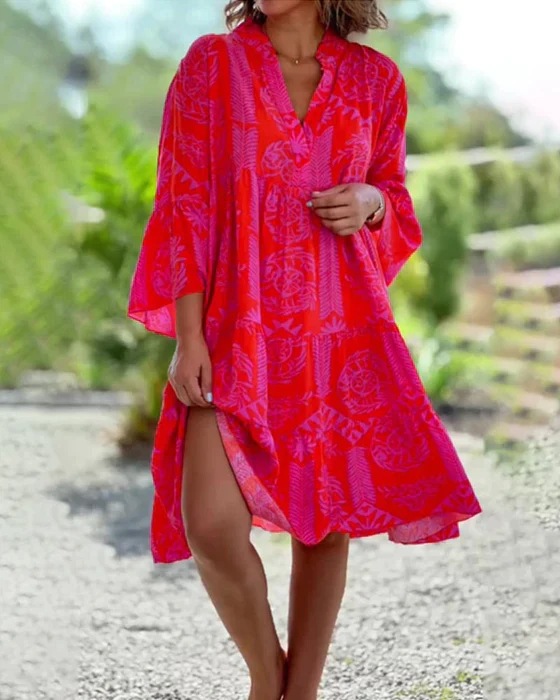 Boho Geometric Print Bell Sleeve Dress
