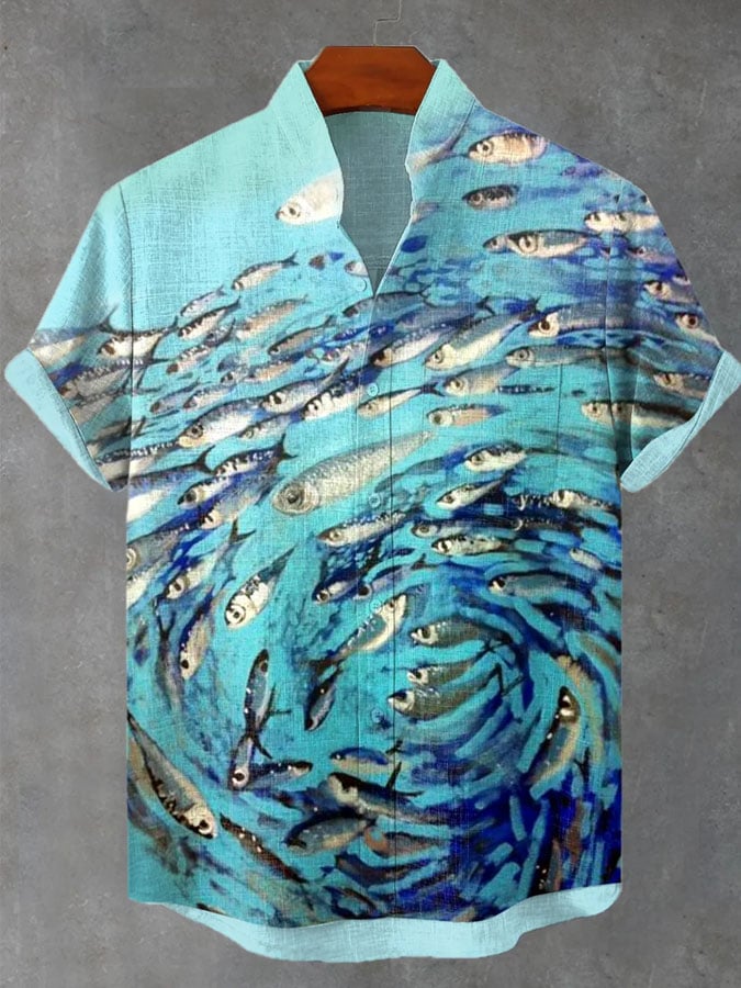 Men'S Ocean Fish Art Print Stand Collar Shirt (With Pockets)