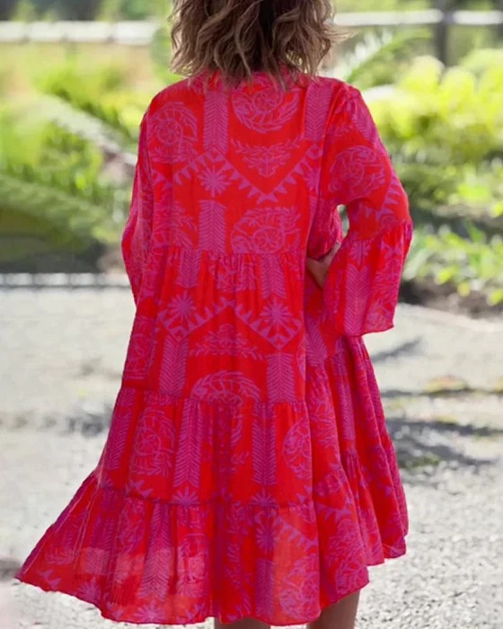Boho Geometric Print Bell Sleeve Dress