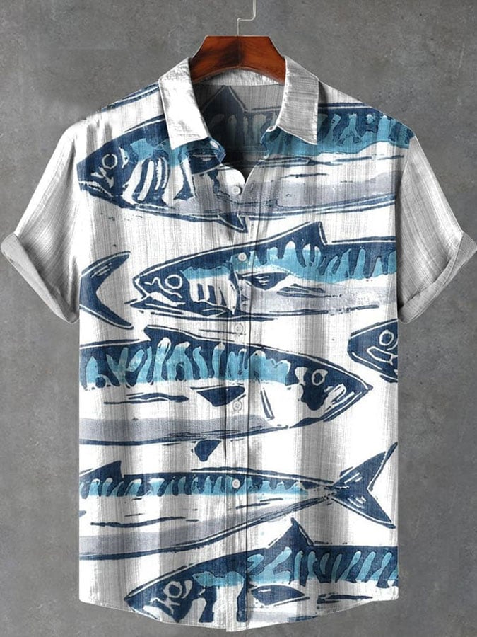 Men's Retro Fish Print Casual Short Sleeve Shirt
