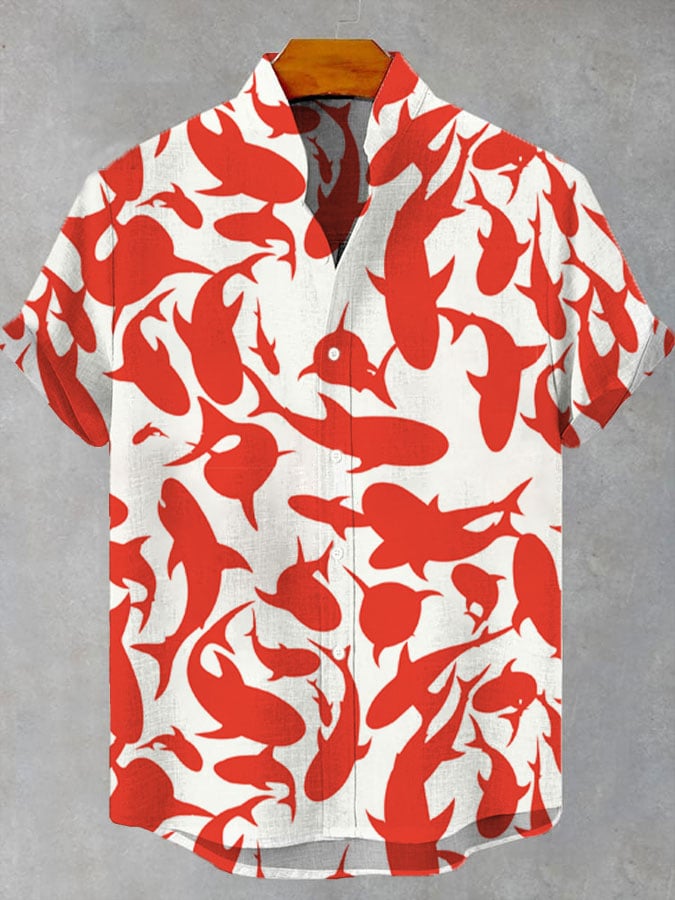 Men's Retro Art Fish Print Casual Short Sleeve Shirt