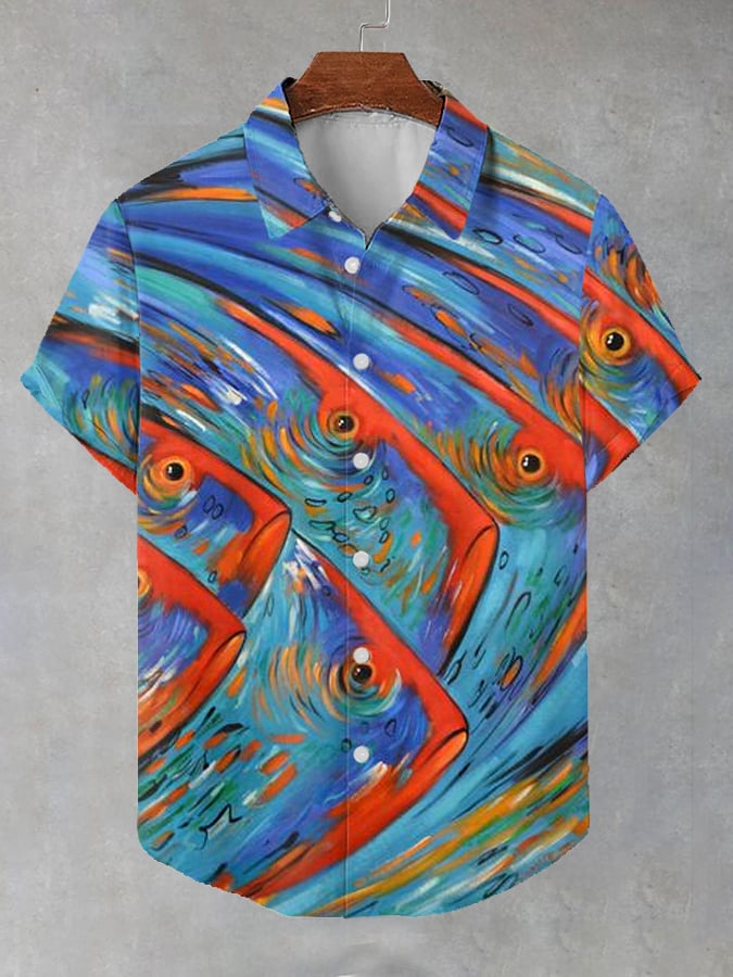 Men's Vinatge Art Fish Print Casual Shirt