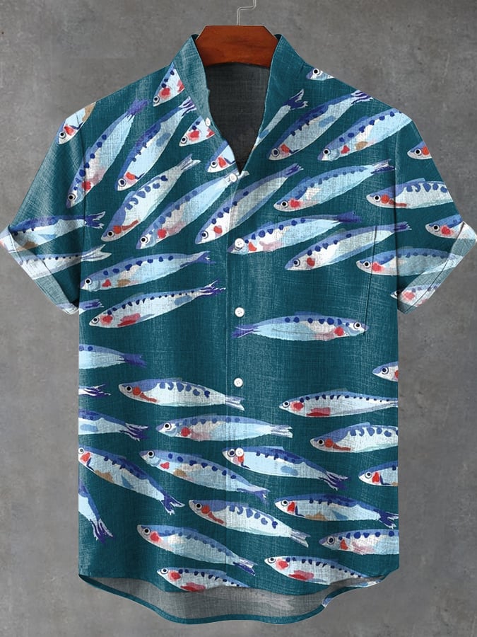 Men's Funny Fish Print Casual Stand Collar Shirt (With Pockets)