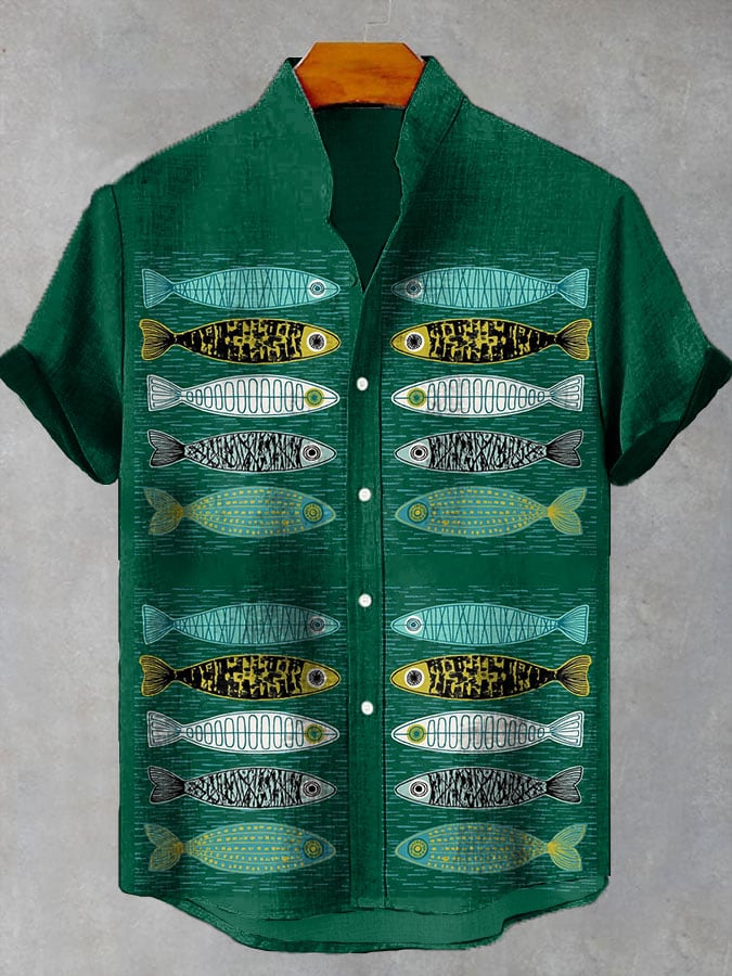 Men's Retro Fish Print Casual Short Sleeve Shirt