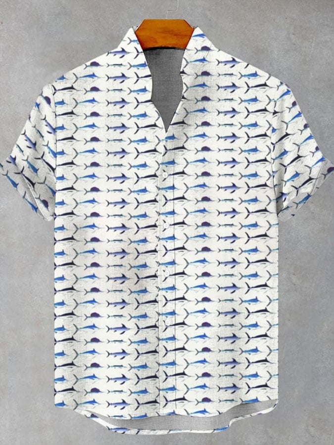 Men's Retro Fish Print Casual Short Sleeve Shirt