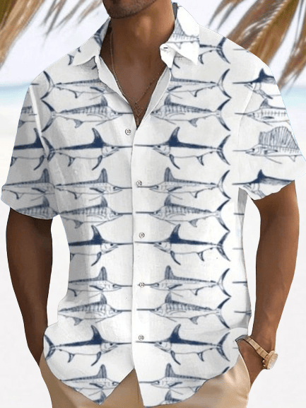 Men's Retro Fish Print Casual Short Sleeve Shirt