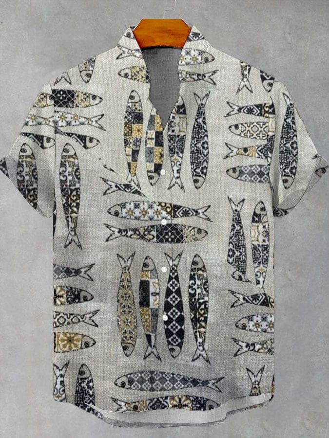 Men's Retro Map Fish Print Casual Short Sleeve Shirt