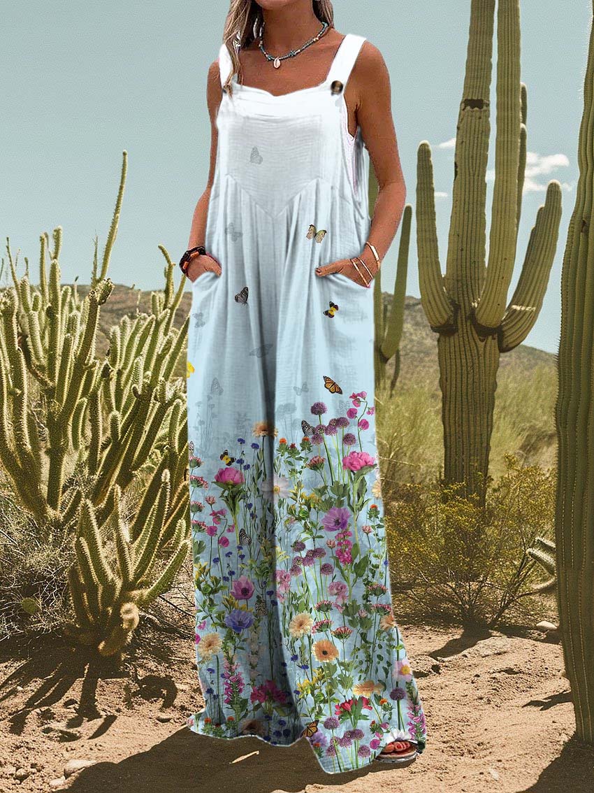Women's Butterfly Flower Print Casual Wide Leg Jumpsuit