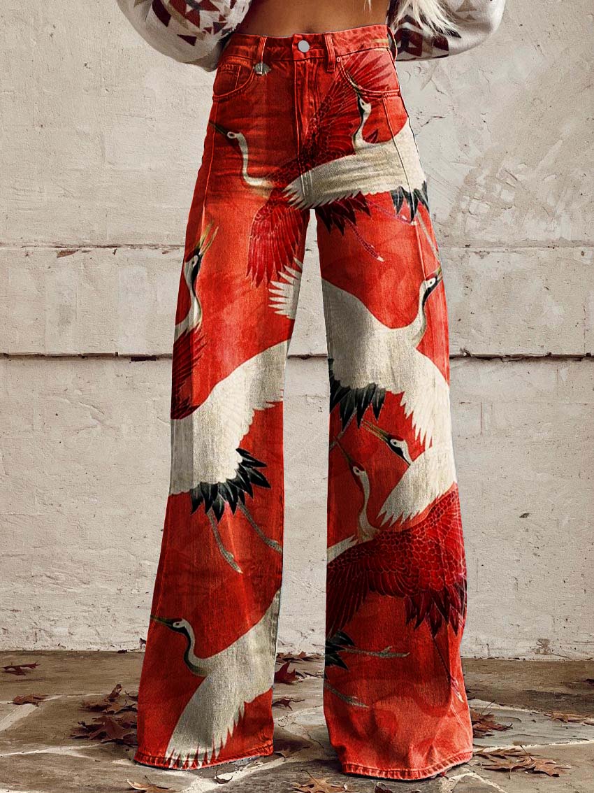 Japanese Style Crane Loose Casual Wide Leg Pants