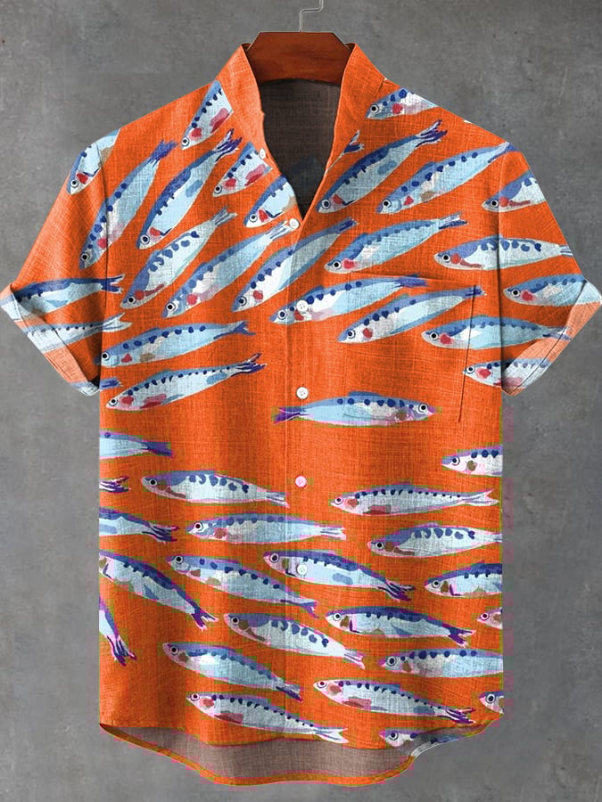 Men's Funny Fish Print Casual Stand Collar Shirt (With Pockets)