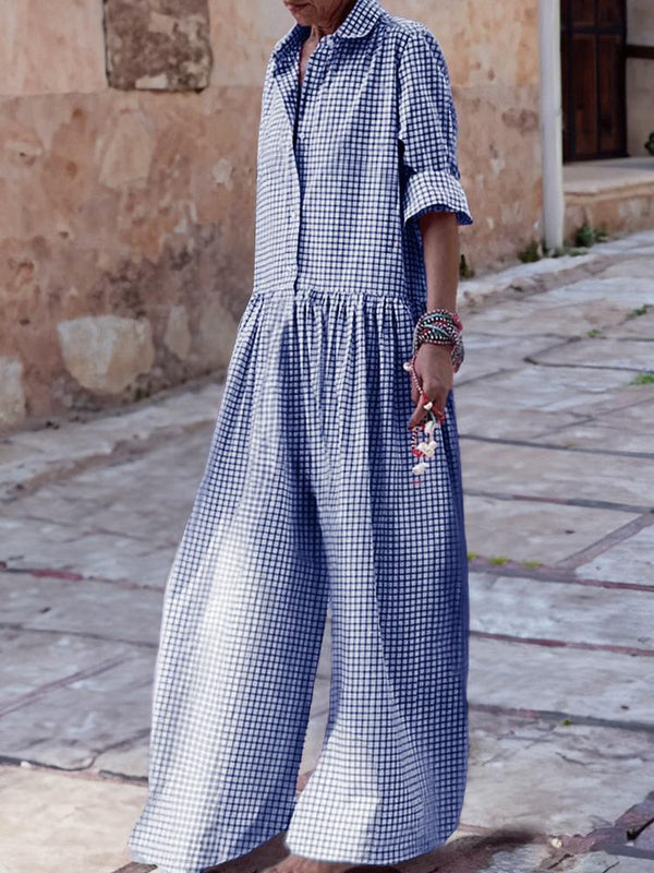 Flash Saleš„Casual Plaid Long Sleeve Loose Jumpsuit