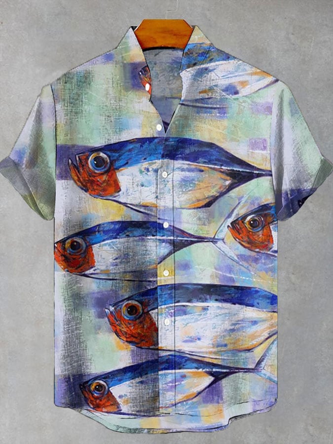 Men's Retro Fish Print Casual Short Sleeve Shirt