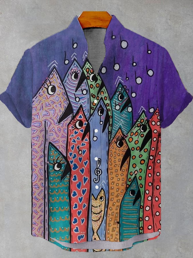 Men's Retro Fish Print Casual Short Sleeve Shirt