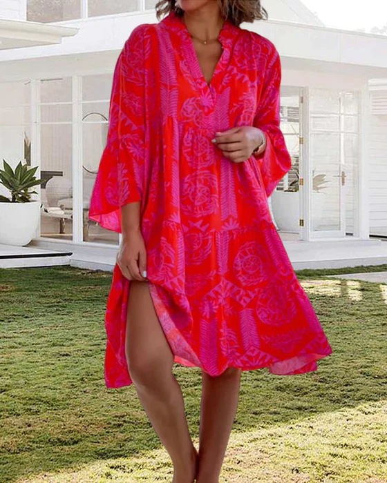 Boho Geometric Print Bell Sleeve Dress
