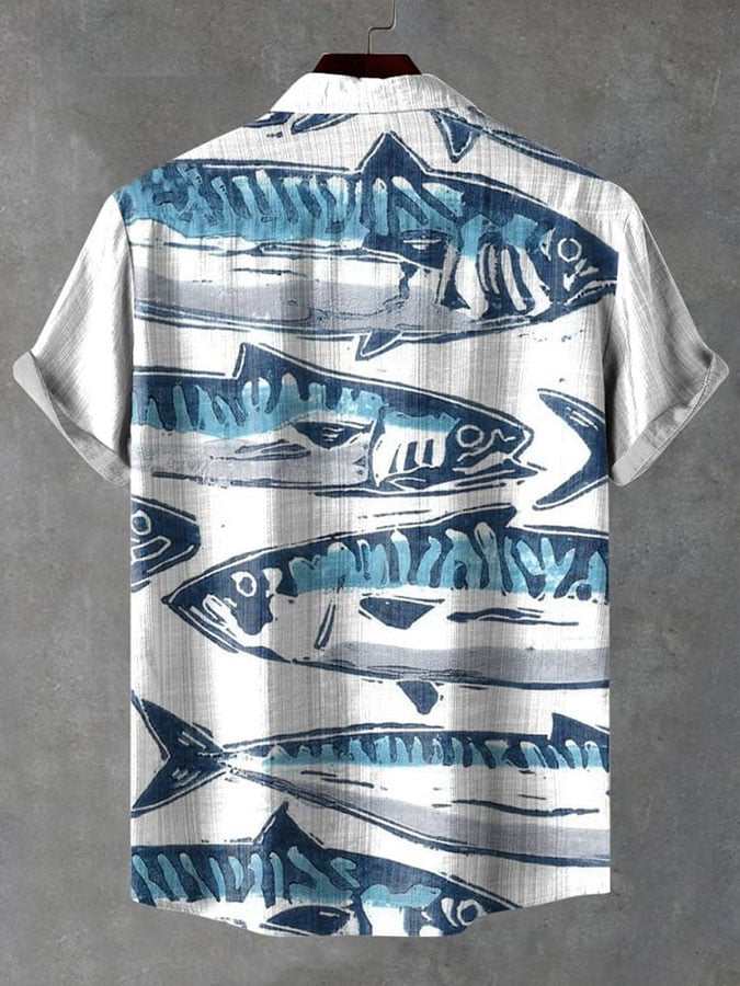 Men's Retro Fish Print Casual Short Sleeve Shirt