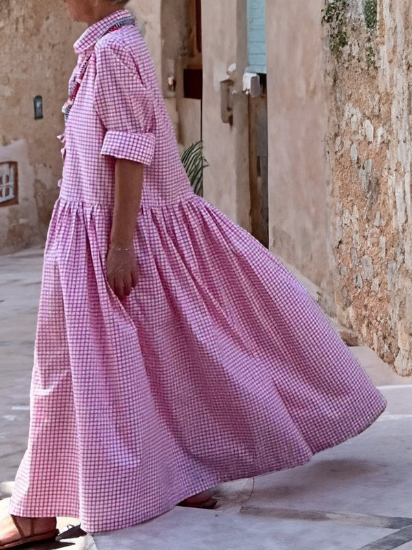 Casual Long Sleeve Cotton Linen Plaid Shirt Swing Dress