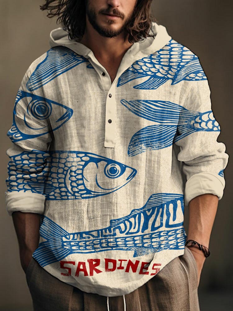 Men's Japanese Sardines Art Linen Hooded Long Sleeve Shirt