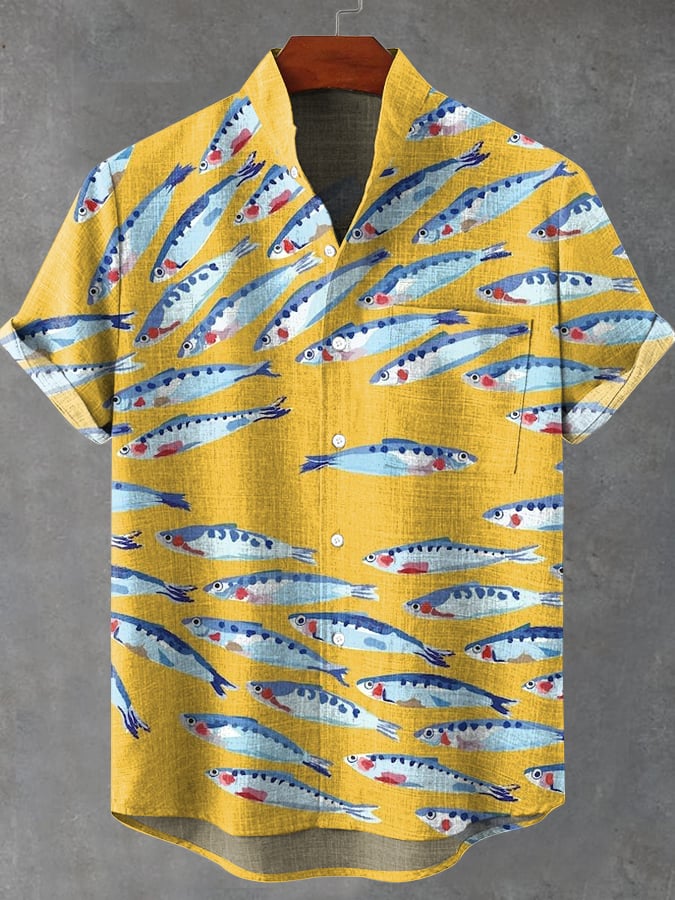 Men's Funny Fish Print Casual Stand Collar Shirt (With Pockets)