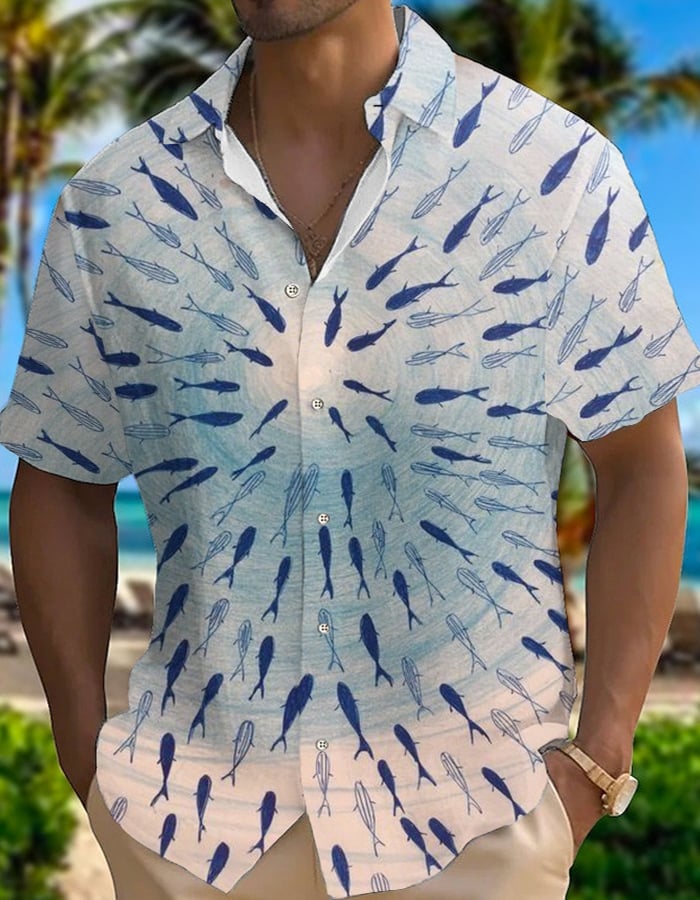 Men's Retro Fish Print Casual Short Sleeve Shirt