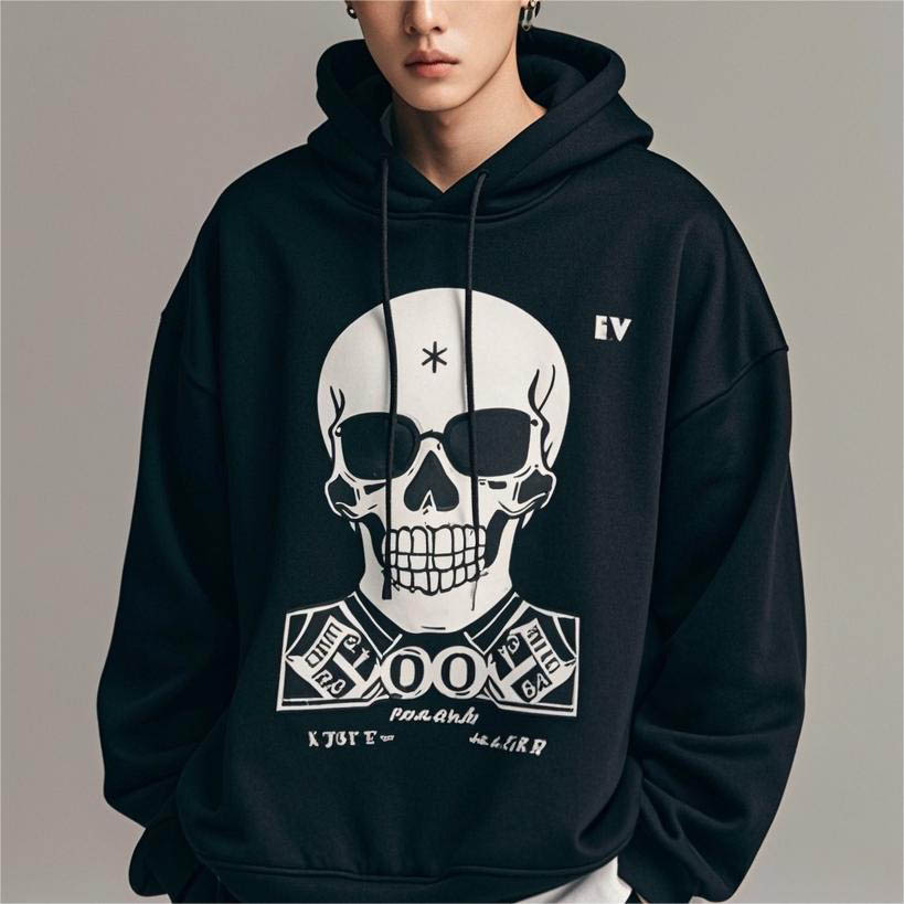 Skull Print Solid Color Hoodie