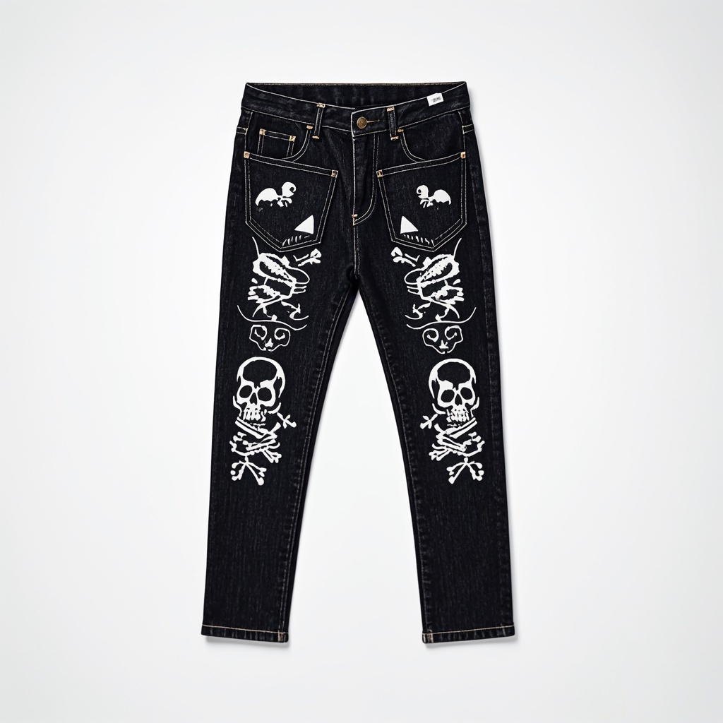 Fashion Skull Print Denim Pants