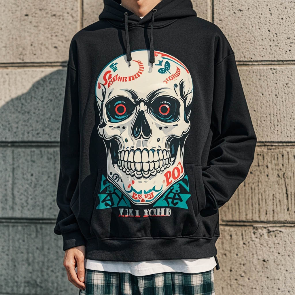 Skull Print Solid Color Hoodie