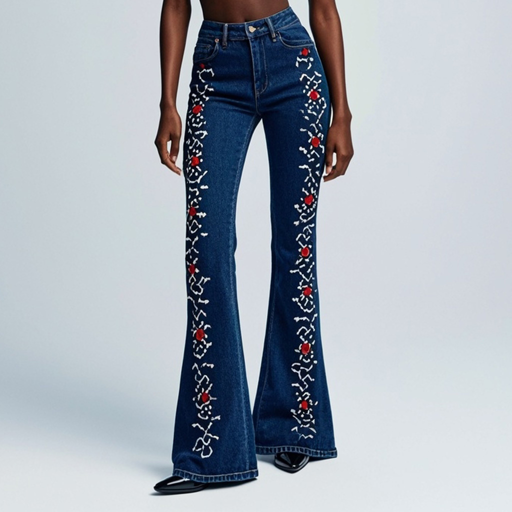 Classic Skull Print Denim Flared Pants