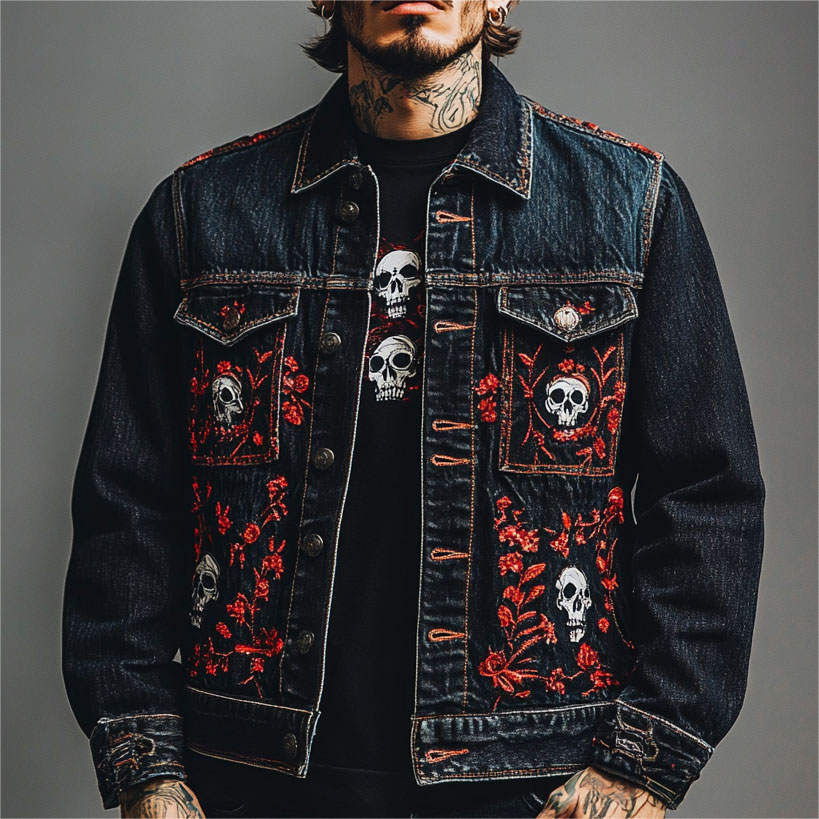 Classic Street Skull Print Denim Jacket