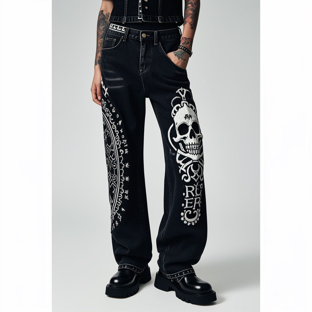 Classic Street Skull Print Denim Pants