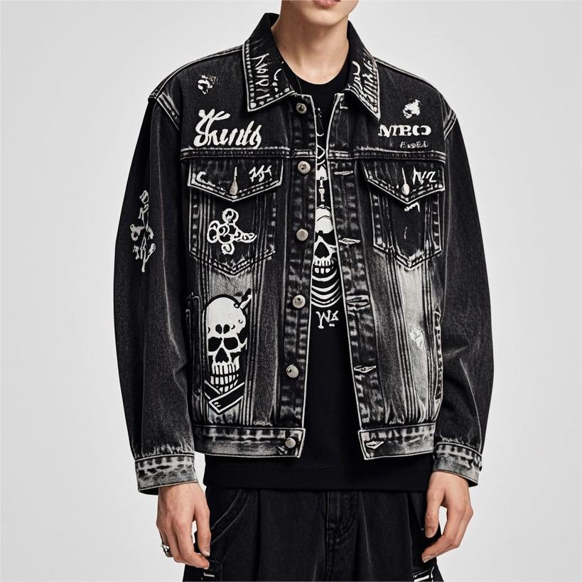 Classic Street Skull Print Denim Jacket