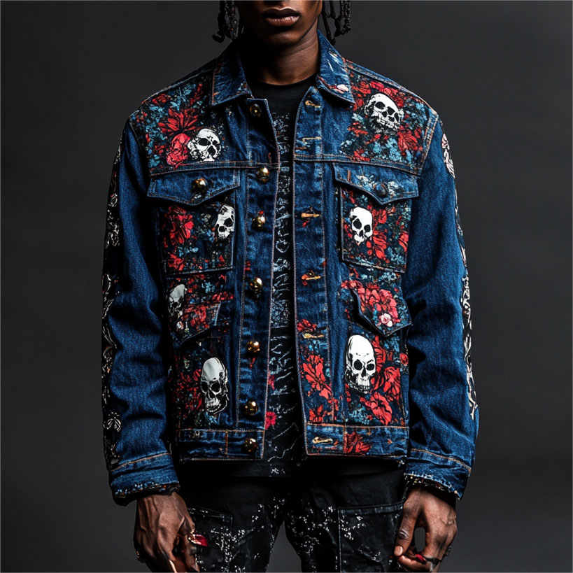 Classic Street Skull Print Denim Jacket