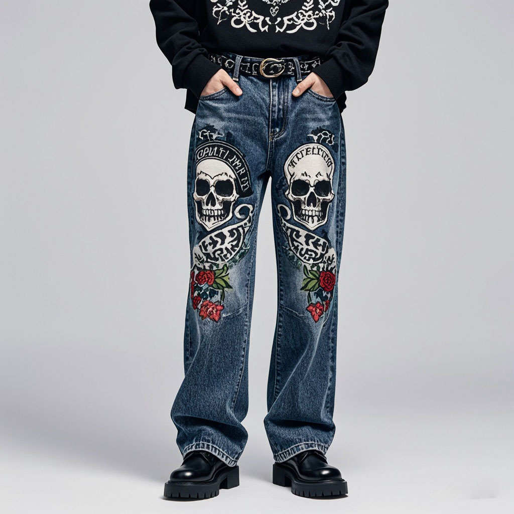 Classic Street Skull Print Denim Pants