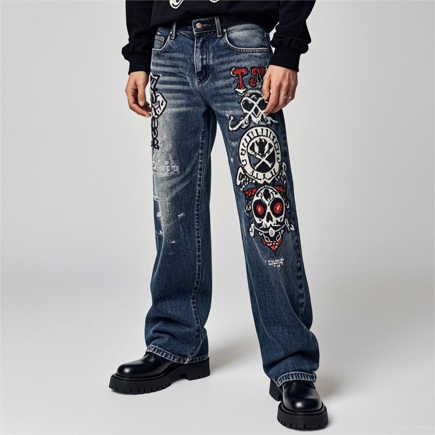 Classic Street Skull Print Denim Pants