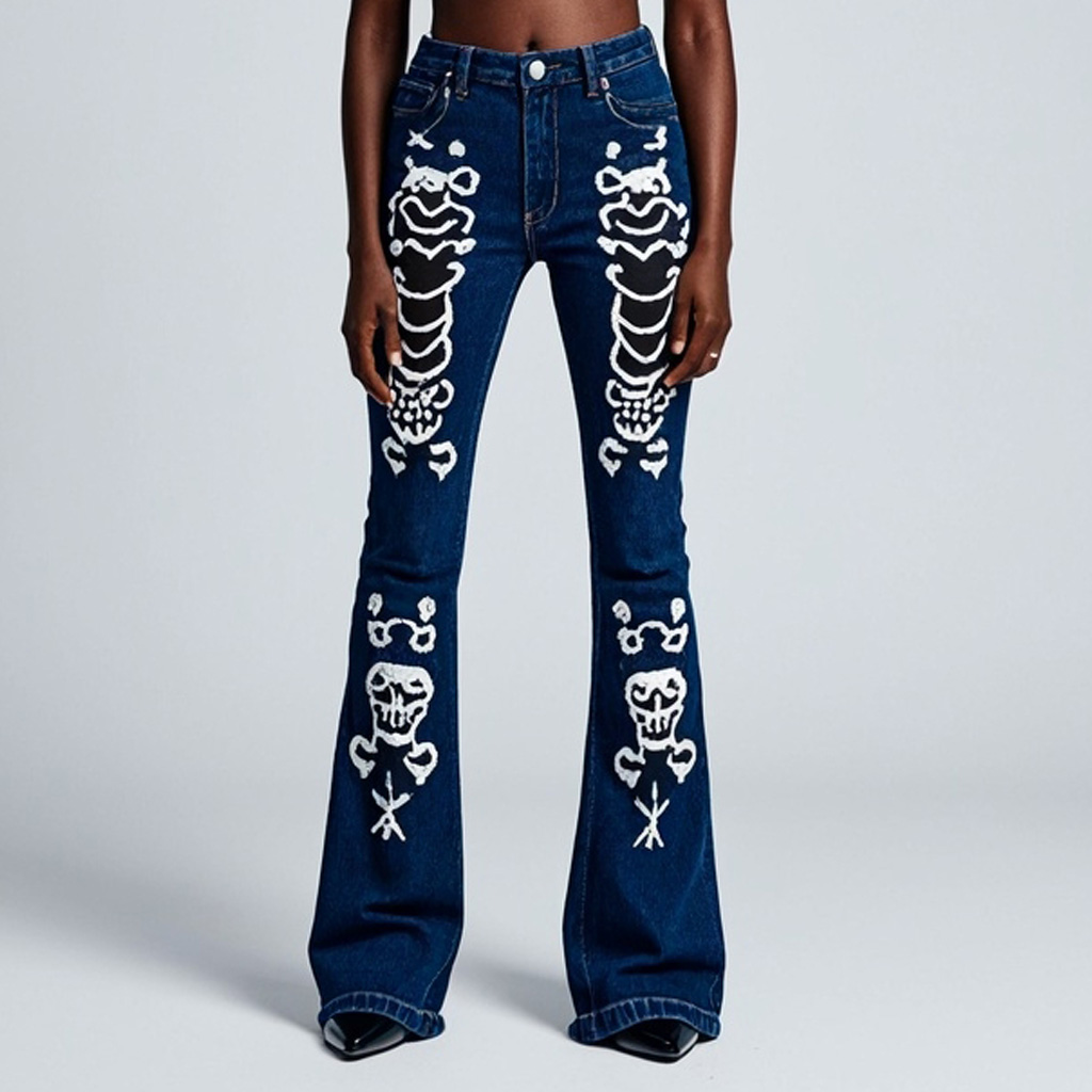 Classic Skull Print Denim Flared Pants