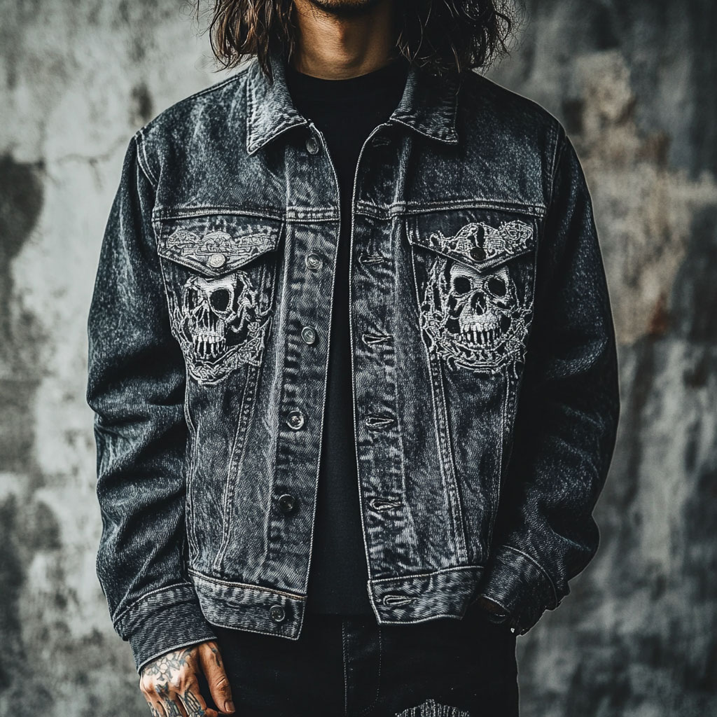 Classic Street Skull Print Denim Jacket