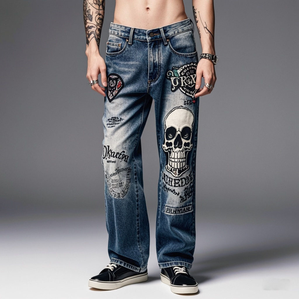 Classic Street Skull Print Denim Pants