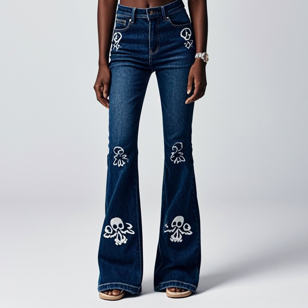 Classic Skull Print Denim Flared Pants