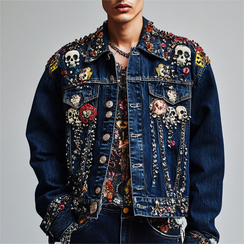 Classic Street Skull Print Denim Jacket