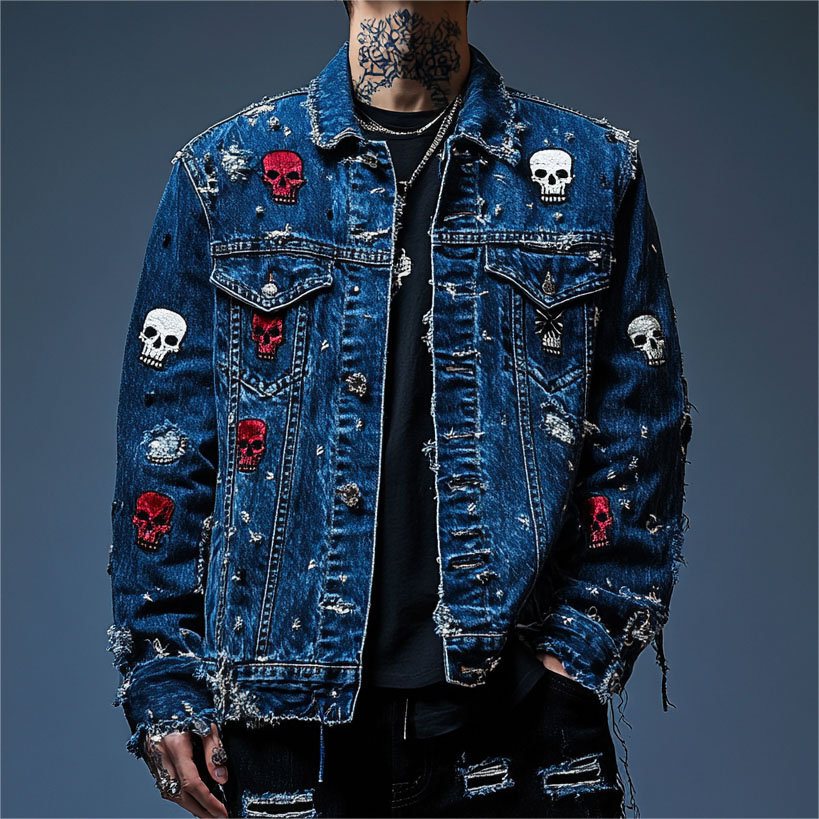Classic Street Skull Print Denim Jacket