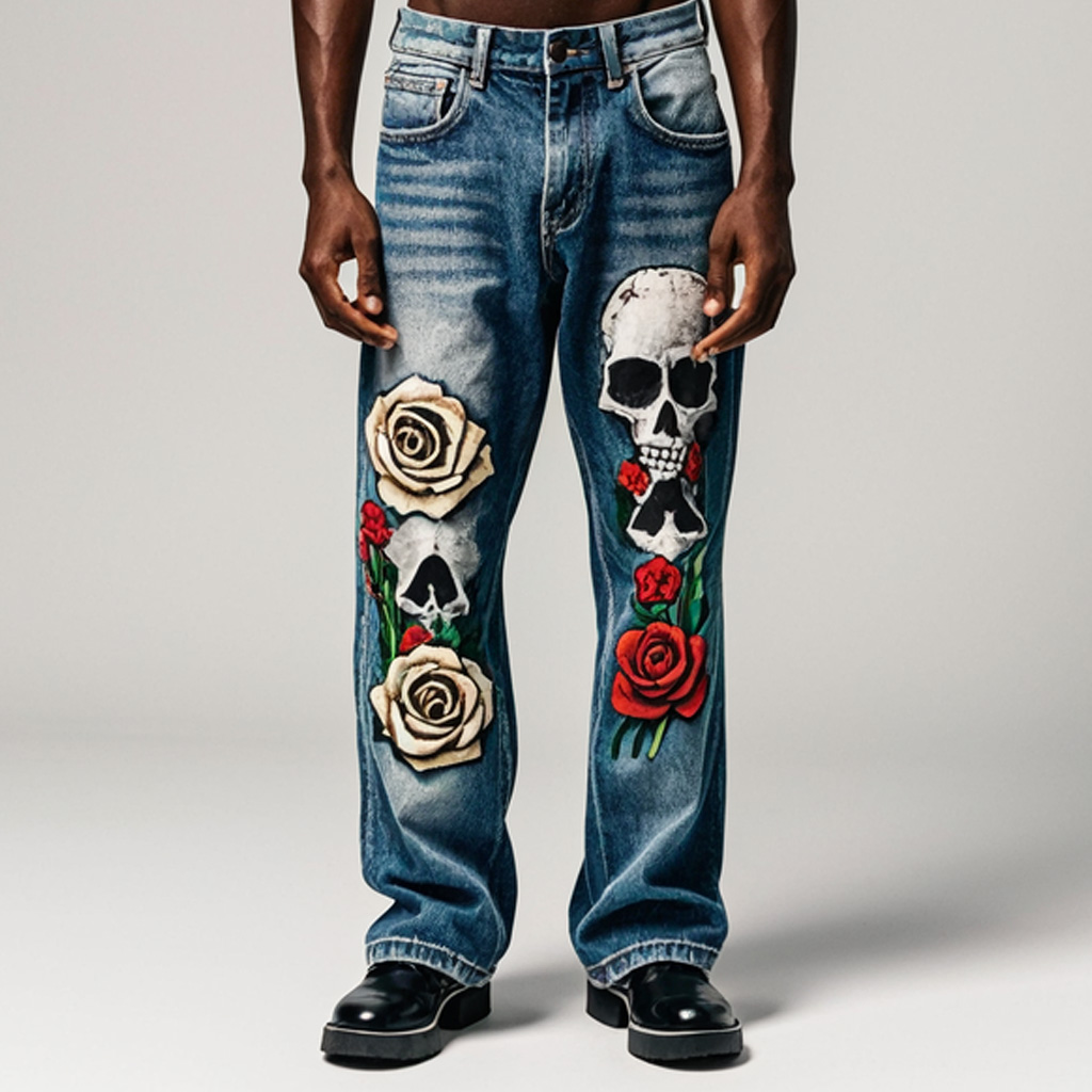 Classic Skull Print Denim Pants