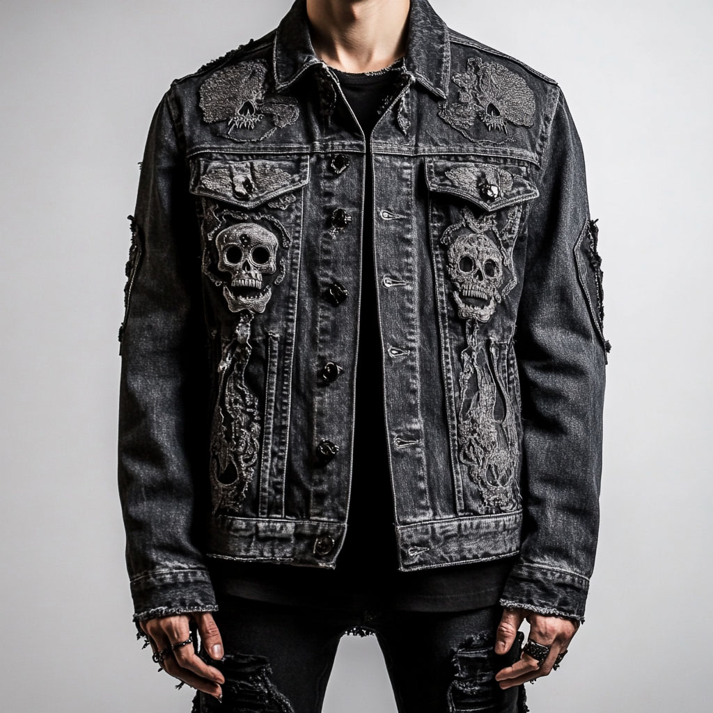Classic Street Skull Print Denim Jacket