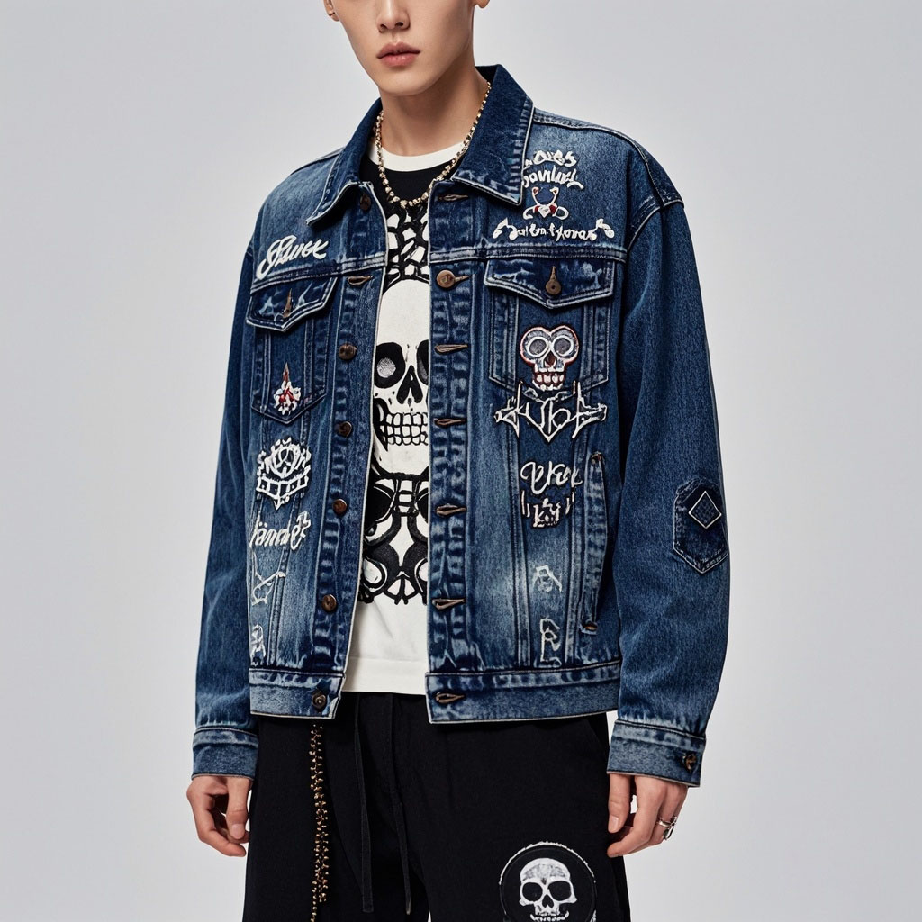 Classic Street Skull Print Denim Jacket