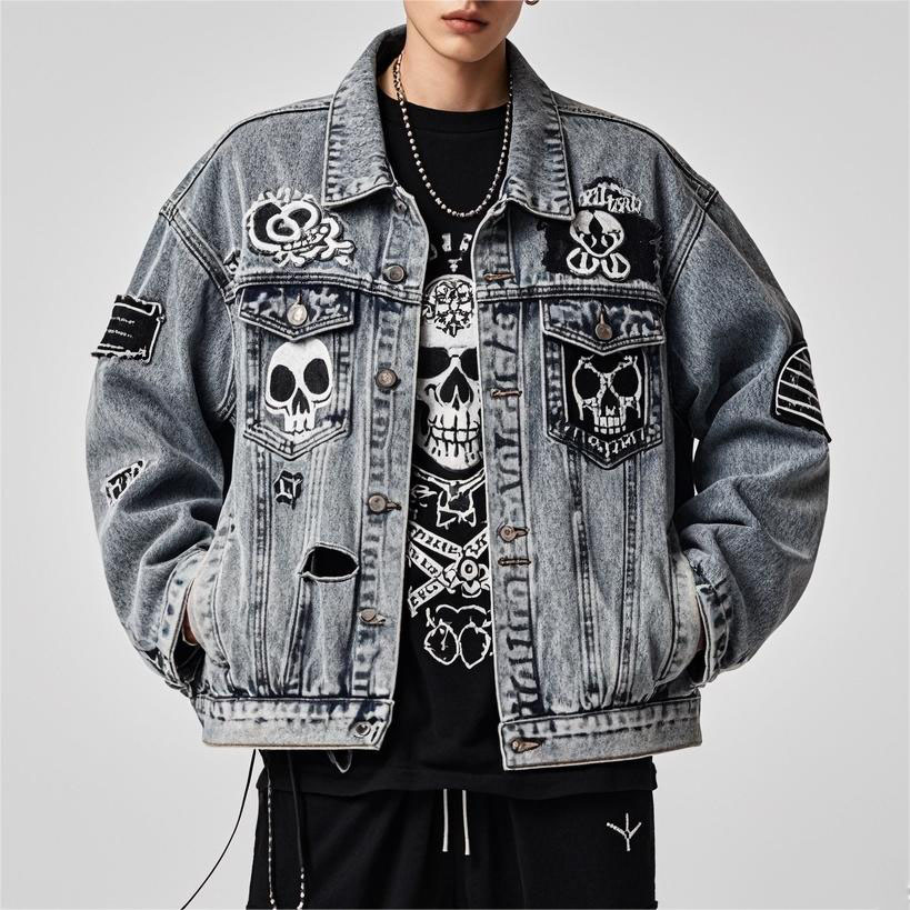Classic Street Skull Print Denim Jacket