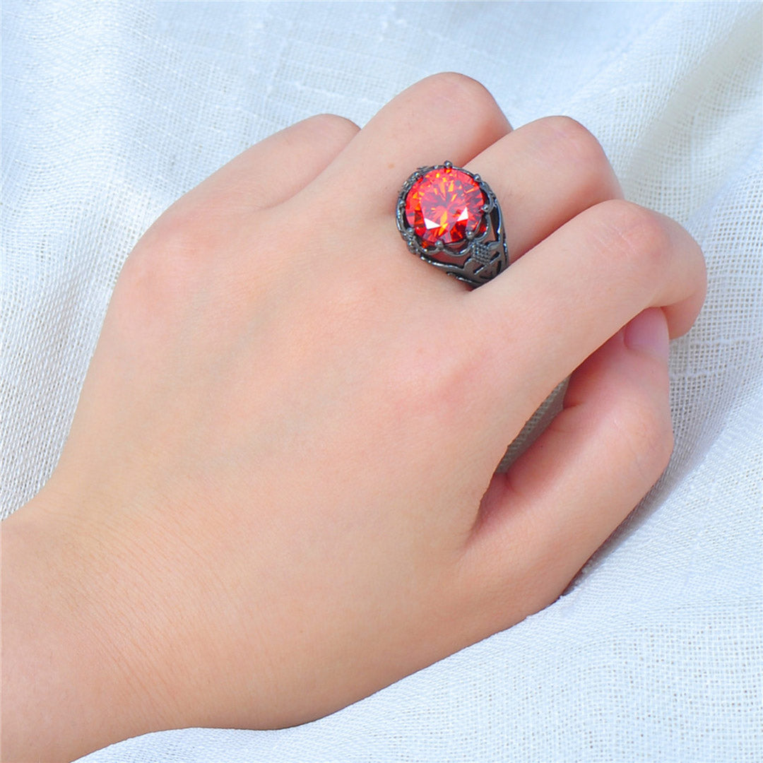 Sterling Silver Big Round Red Gemstone Ring Gothic Engagement Ring