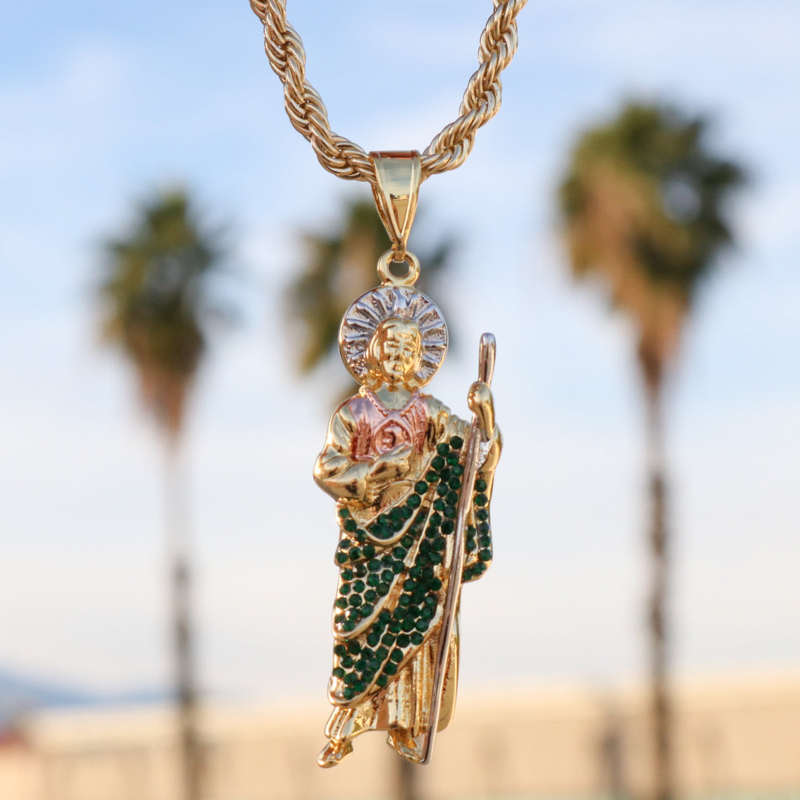 San Judas 3 tone with green stones