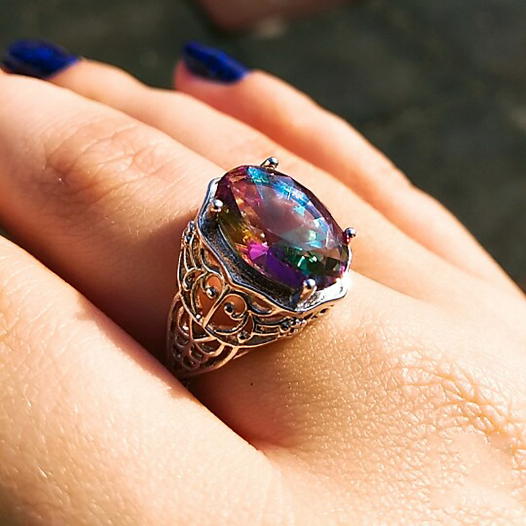 Sterling Silver Multicolor Crystal Gothic Ring For Women