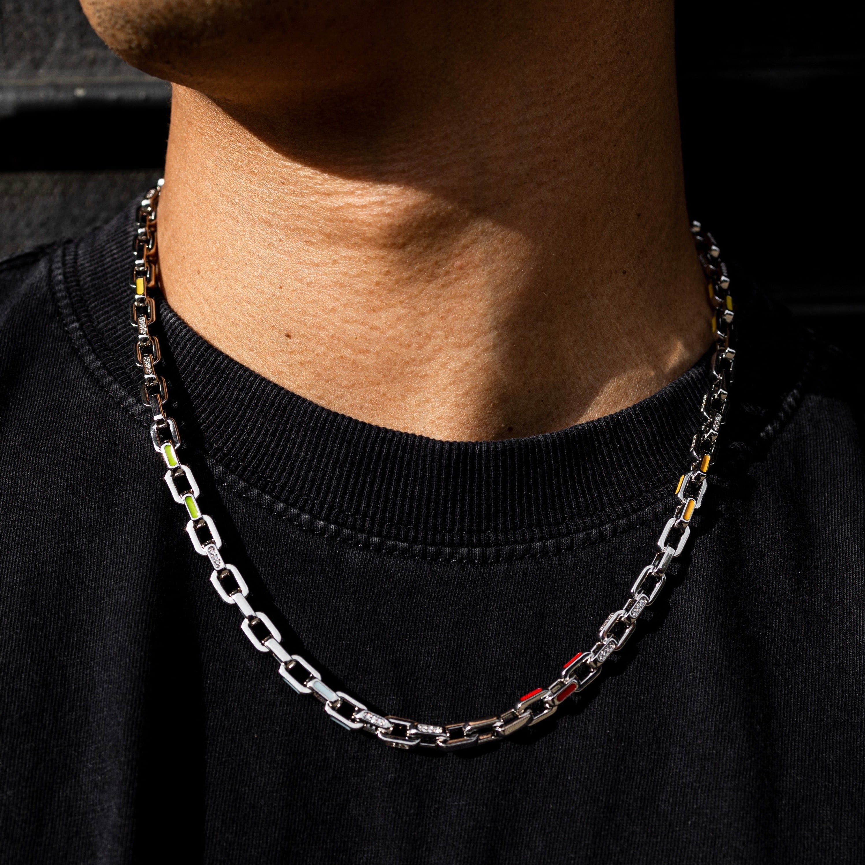 Enamel Box Chain Necklace - White Gold