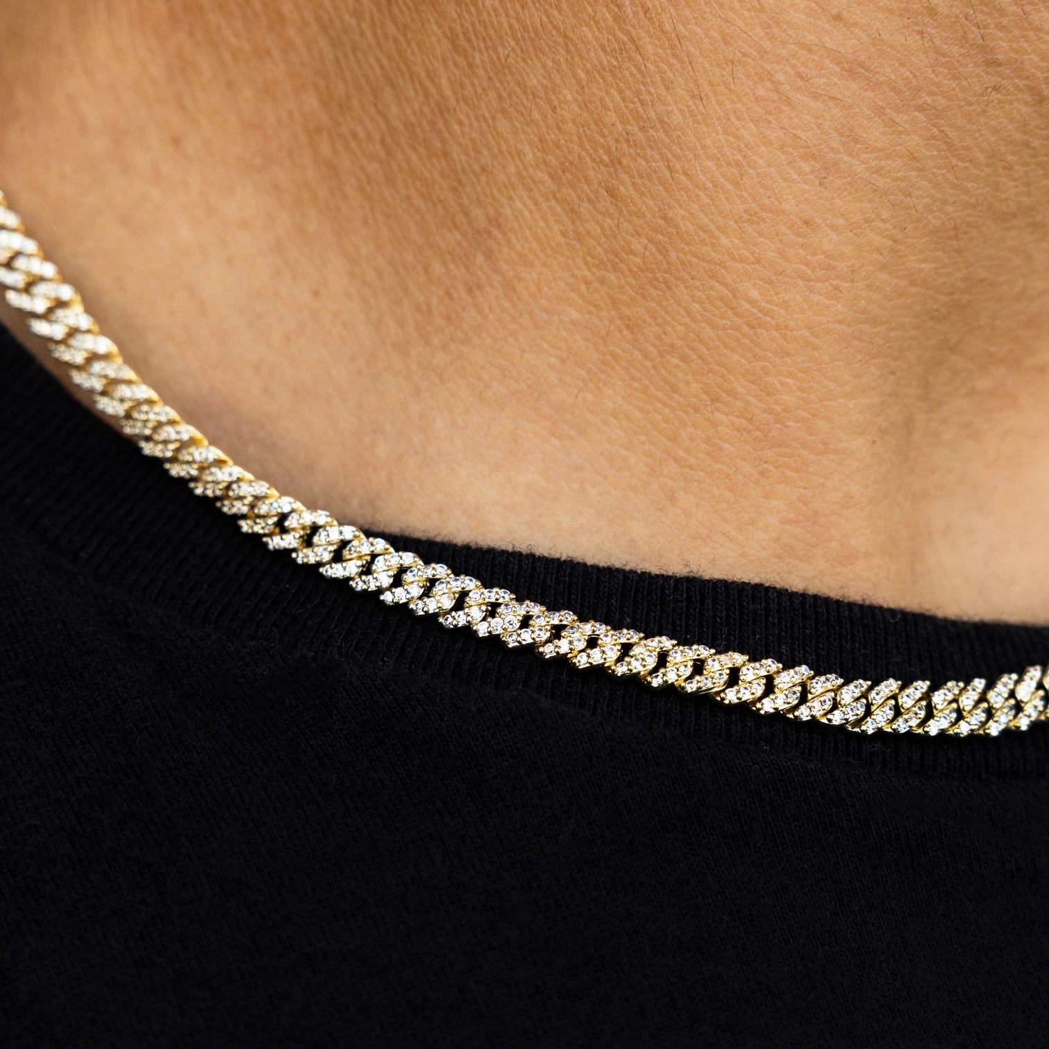 Micro Diamond Prong Cuban Necklace - Yellow Gold